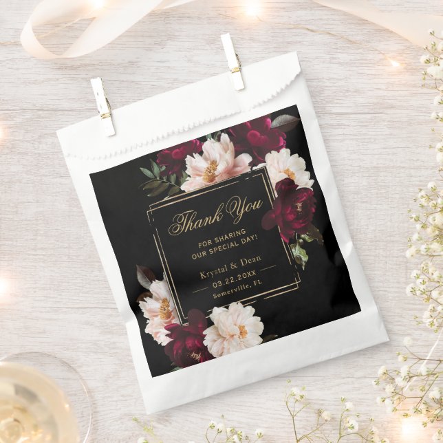 Dark Moody Burgundy Blush Black Floral Wedding Favour Bag (Clipped)