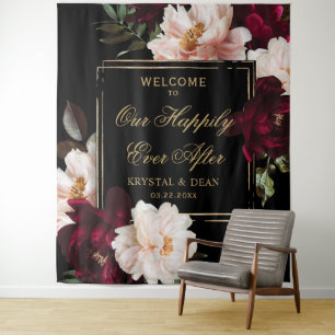 Dark Moody Burgundy Blush Black Floral Wedding Tapestry