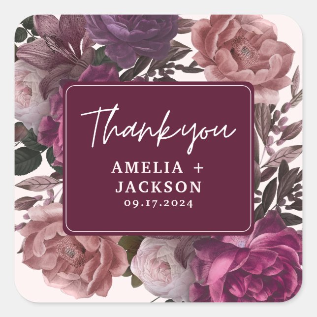 Dark moody burgundy & blush floral Wedding  Square Sticker (Front)