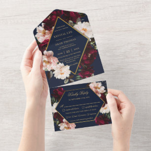 Dark Moody Burgundy Blush Navy Blue Floral Wedding All In One Invitation