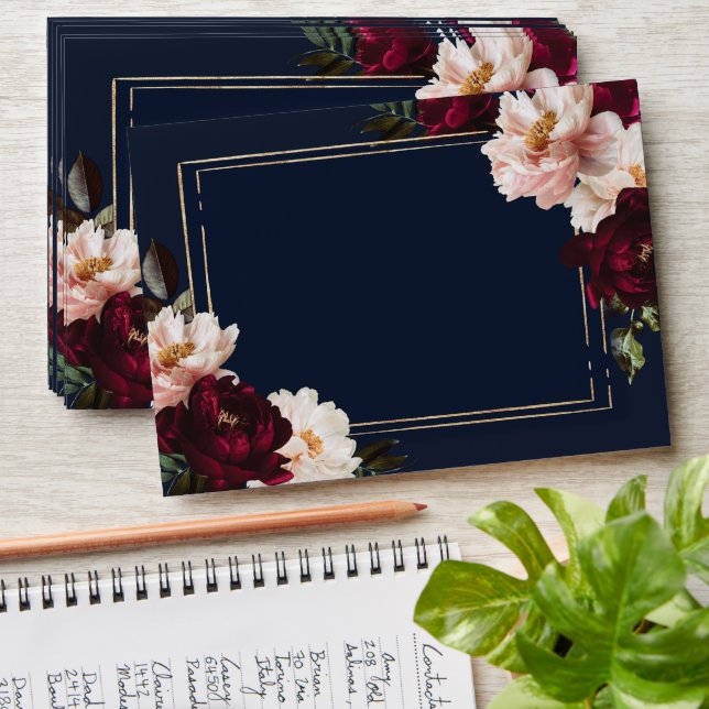Dark Moody Burgundy Blush Navy Blue Floral Wedding Envelope (Stacked)