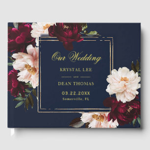 Dark Moody Burgundy Blush Navy Blue Floral Wedding Guest Book