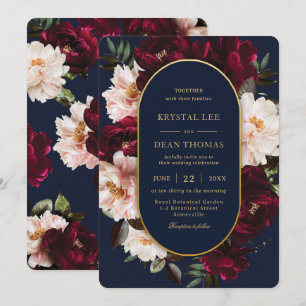 Dark Moody Burgundy Blush Navy Blue Floral Wedding Invitation