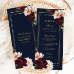 Dark Moody Burgundy Blush Navy Blue Floral Wedding Menu<br><div class="desc">Personalize this elegant wedding slim menu card easily and quickly. Simply click the Edit Using Design Tools button to edit the text,  change fonts and fonts colours. Featuring beautiful realistic burgundy,  blush peony flowers against a dark navy blue background. Matching items available in store. (c) Somerset Fine Paperie</div>