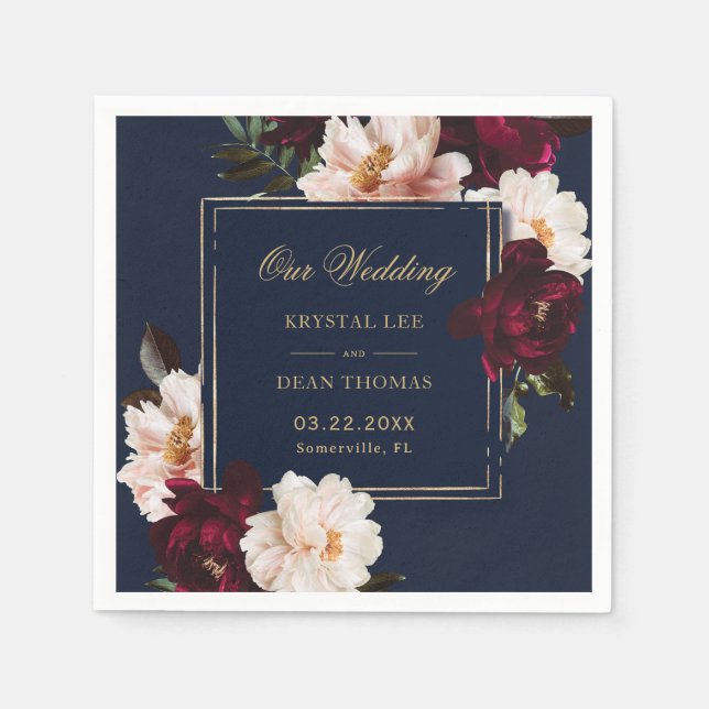 Dark Moody Burgundy Blush Navy Blue Floral Wedding Napkin (Front)
