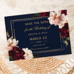 Dark Moody Burgundy Blush Navy Blue Floral Wedding Save The Date<br><div class="desc">Personalize this elegant wedding save the date easily and quickly. Simply click the Edit Using Design Tools button to edit the text, change font styles and font colours. Featuring beautiful realistic burgundy, blush peonies and navy blue anemone flowers against a dark moody navy blue background. Matching items available in store....</div>