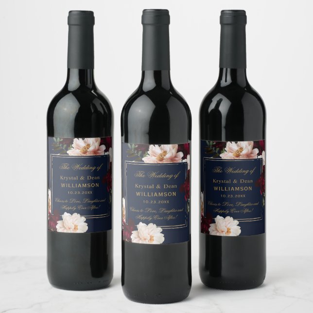 Dark Moody Burgundy Blush Navy Blue Floral Wedding Wine Label (Bottles)