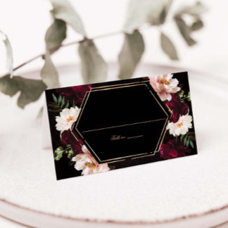 Dark Moody Burgundy Blush Peonies Floral Wedding Place Card