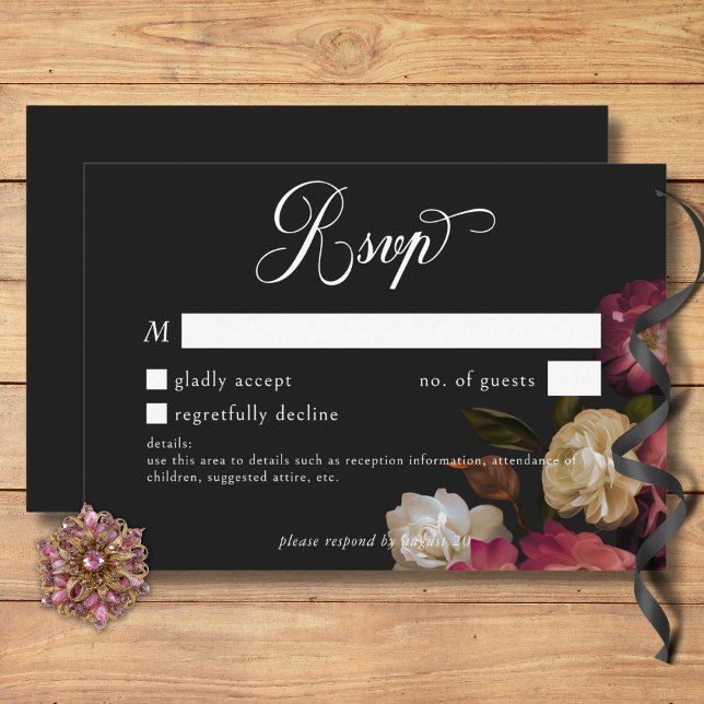 Dark Moody Burgundy & Cream Peonies Black Details RSVP Card (Dark Moody Burgundy & Cream Peonies Black Details RSVP Card)