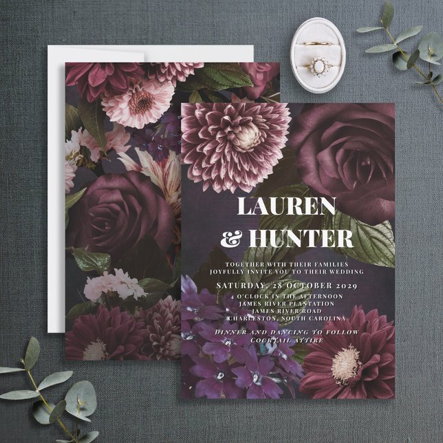 Dark Moody Burgundy Floral Botanical Wedding Invit Invitation (Creator Uploaded)