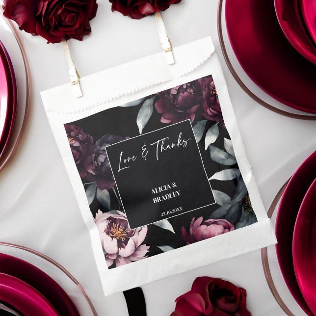 Dark moody burgundy flowers elegant wedding favour bag (Dark moody burgundy flowers elegant wedding favor bag black themed wedding favor bag template)