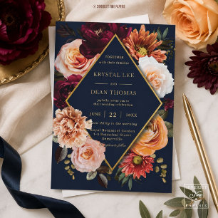 Dark Moody Burgundy Orange Floral Navy Wedding Invitation