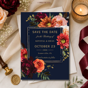 Dark Moody Burgundy Orange Floral Navy Wedding Save The Date