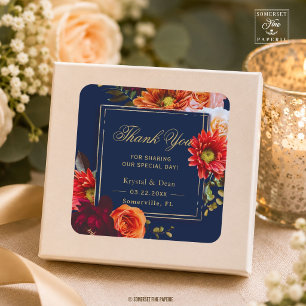 Dark Moody Burgundy Orange Navy Floral Wedding Square Sticker