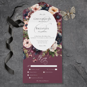 Dark Moody Burgundy Oval Floral Frame Dinner All In One Invitation