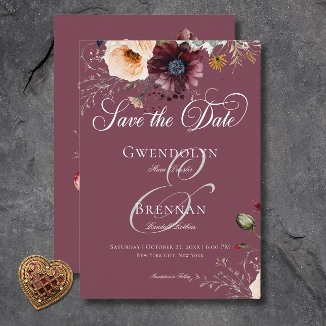 Dark Moody Burgundy Oval Floral Frame Wedding Save The Date (Dark Moody Burgundy Oval Floral Frame Wedding Save the Date Card)
