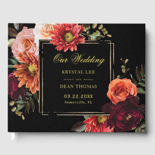 Dark Moody Burgundy Rust Orange Floral Wedding Guest Book