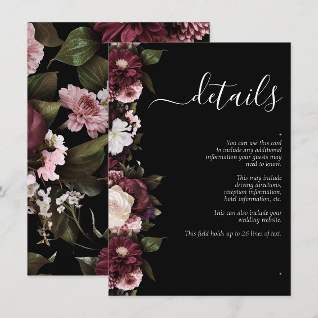 Dark Moody Burgundy Script Floral Wedding Details Enclosure Card (Front/Back)