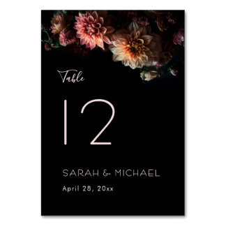 Dark Moody Dahlia Flower Wedding   Table Number