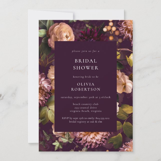Dark & Moody Dramatic Purple Floral Bridal Shower  Invitation (Front)