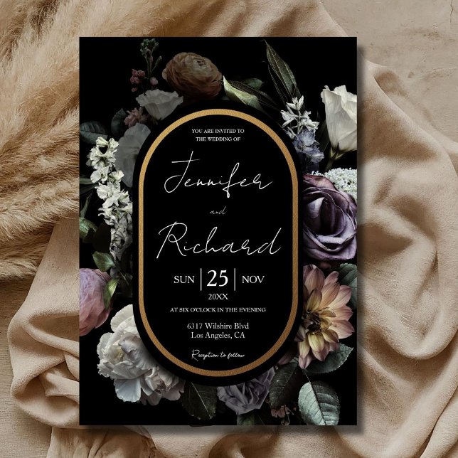 Dark Moody Dutch Masters Bloom Dusty Black Wedding Invitation (Creator Uploaded)
