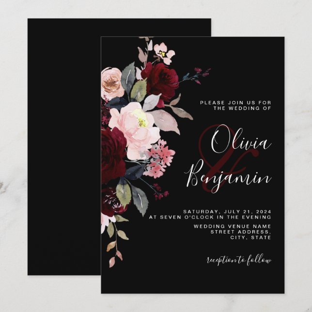 Dark Moody Elegant Floral Black Burgundy Wedding Invitation (Front/Back)
