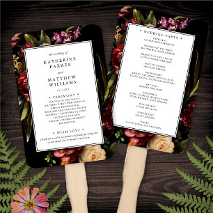 Dark + Moody Elegant Floral Black Wedding Program Hand Fan