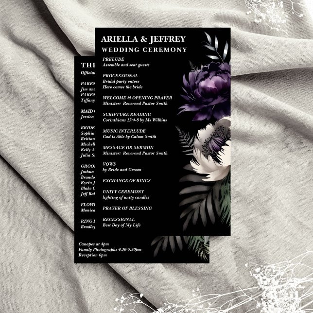 Dark moody elegant wedding program (Dark moody boho elegant wedding program purple peonies black background order of evens program)
