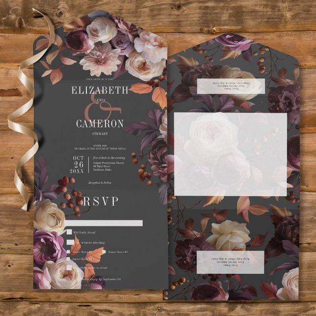 Dark Moody Fall Burgundy & Cream Peonies Dinner All In One Invitation (Dark Moody Fall Burgundy & Cream Peonies All In One Wedding Invitation with Dinner Options)