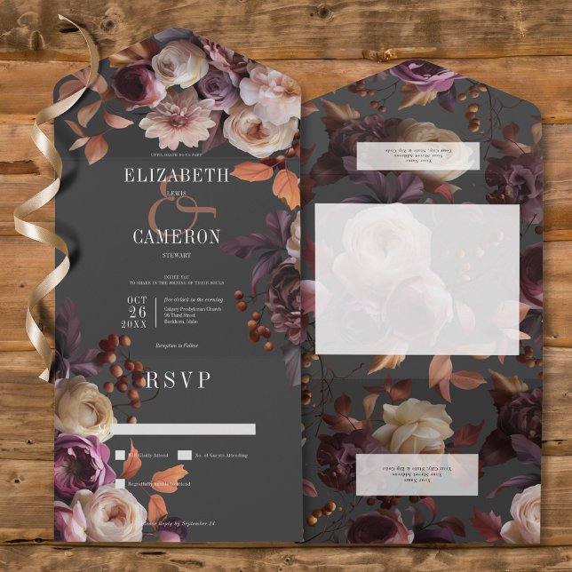 Dark Moody Fall Burgundy & Cream Peonies No Dinner All In One Invitation (Dark Moody Fall Burgundy & Cream Peonies All In One Wedding Invitation without Dinner Options)