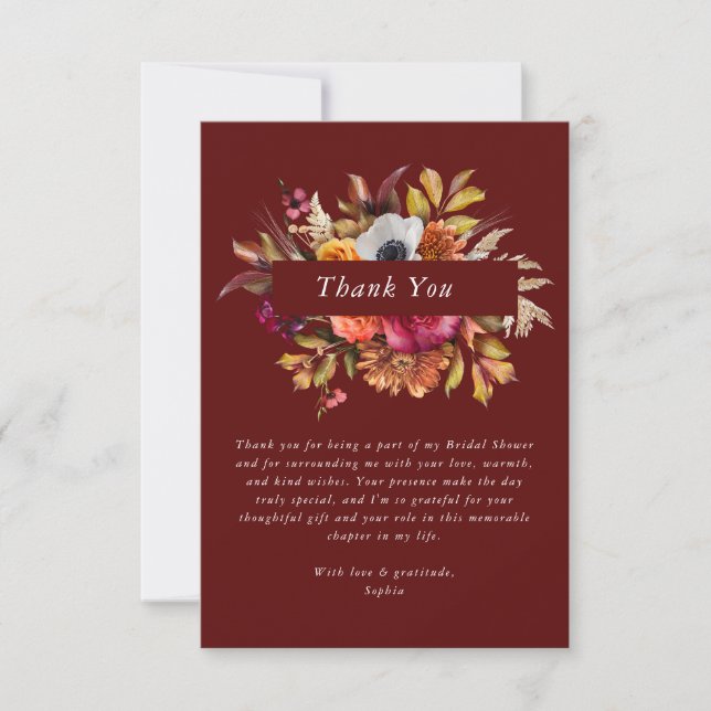 Dark Moody Fall Floral Bridal Shower Thank You (Front)