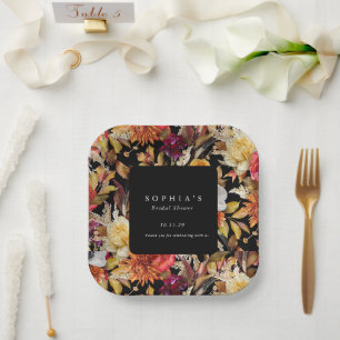Dark Moody Fall Floral Romantic Bridal Shower  Paper Plate