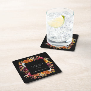 Dark Moody Fall Floral Romantic Bridal Shower  Square Paper Coaster