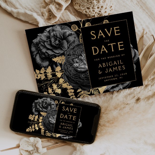 Dark Moody Floral Black Gold Wedding Save the Date Invitation (Creator Uploaded)