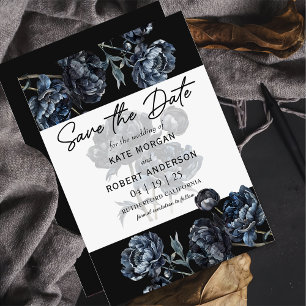 Dark Moody Floral Blue Wedding Save The Date Card