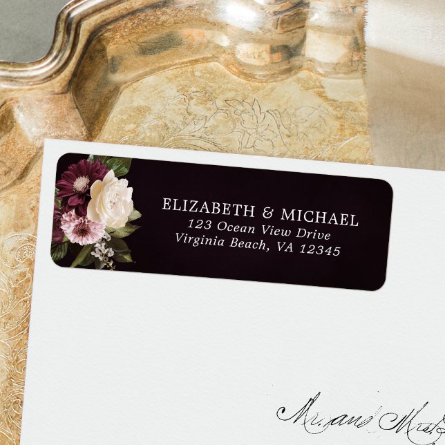 Dark Moody Floral Burgundy Wedding Return Address (Creator Uploaded)