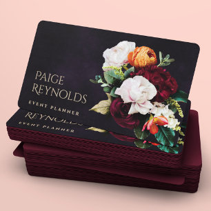 Dark Moody Floral   Elegant Black & Burgundy Business Card