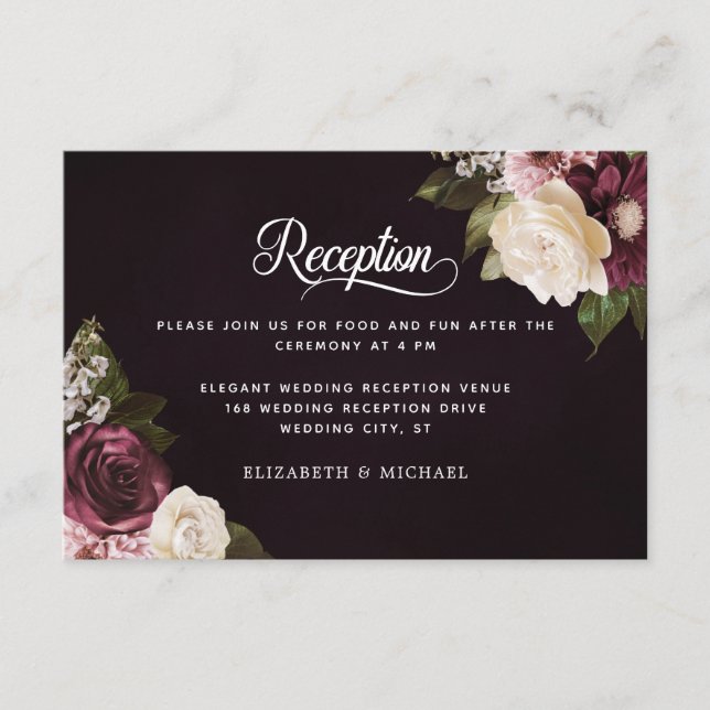 Dark Moody Floral Elegant Wedding Reception Enclosure Card (Front)