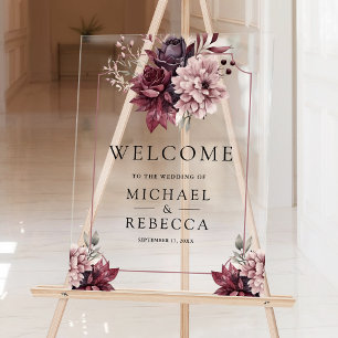 Dark Moody Floral Frame Wedding Welcome Acrylic Sign