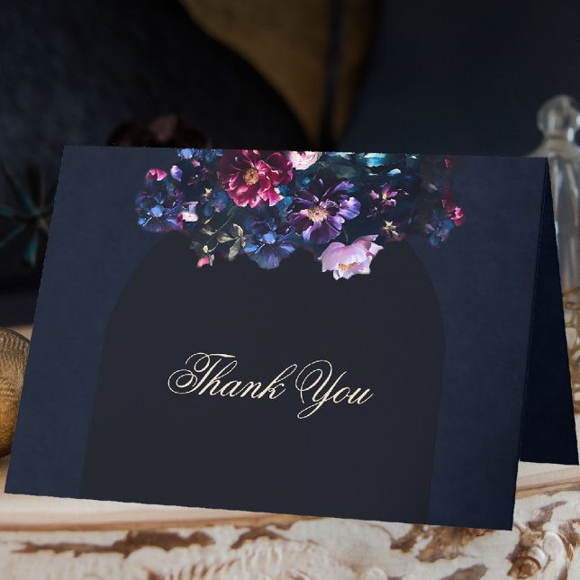 Dark Moody Floral Romantic Mauve Black Wedding Thank You Card (dark moody wedding folded thank you card purple black jewel tones dutch painting romantic gothic)