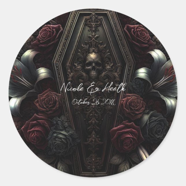 Dark Moody Floral Skull Coffin Gothic Wedding  Classic Round Sticker (Front)