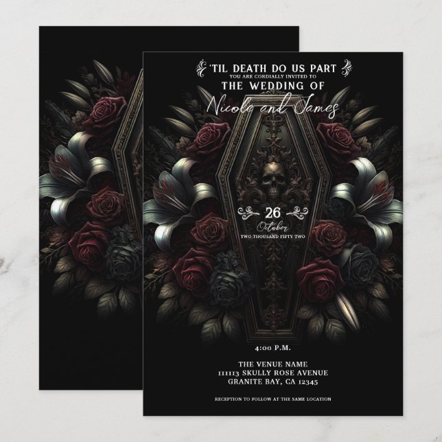 Dark Moody Floral Skull Coffin Gothic Wedding  Invitation (Front/Back)