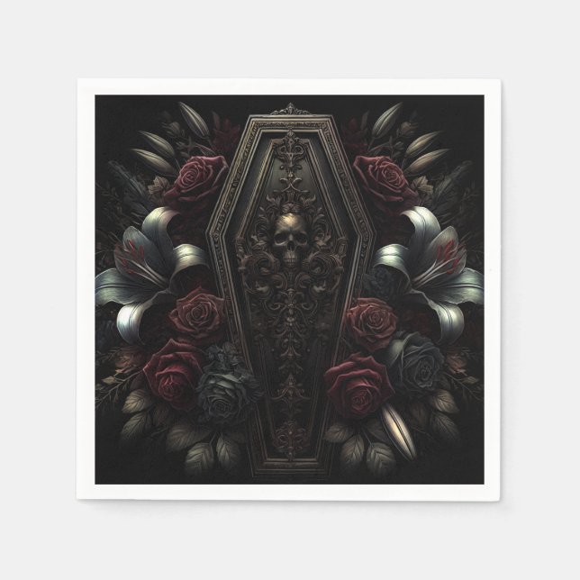 Dark Moody Floral Skull Coffin Gothic Wedding  Napkin (Front)