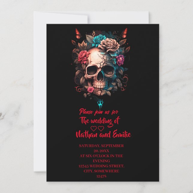 Dark Moody Floral Skull Gothic Wedding Invitatio Invitation (Front)