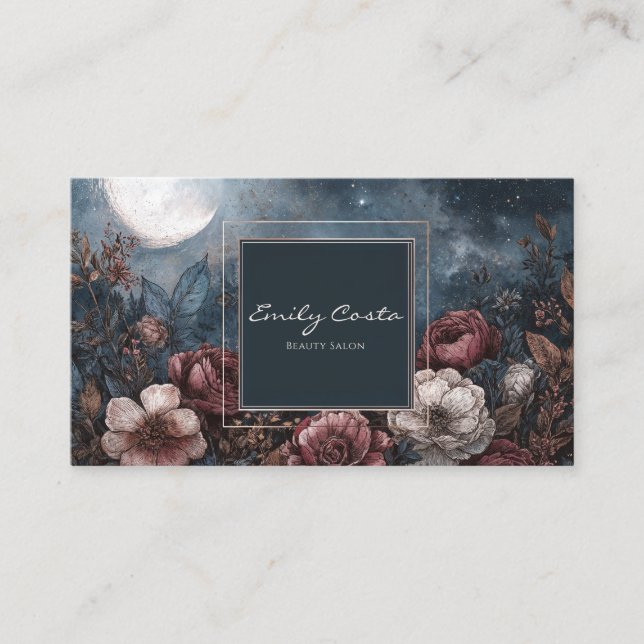 Dark Moody Floral Starry Night Full Moon Business Card (Front)