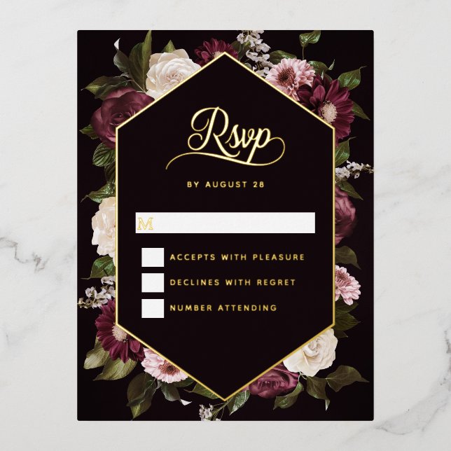 Dark Moody Floral Wedding Carte RSVP Gold Foil (Recto)