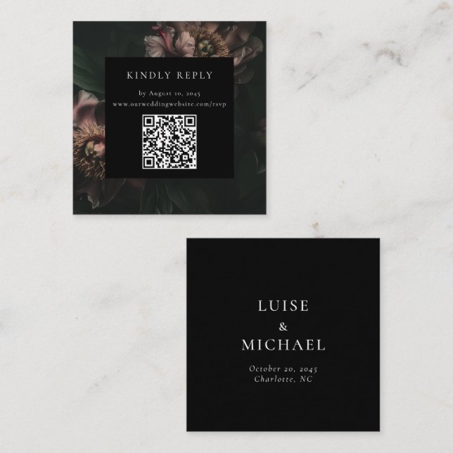 Dark Moody Florals Wedding RSVP QR Code Enclosure Card (Front/Back)