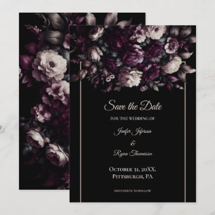 Dark moody flowers wedding save the date announcement