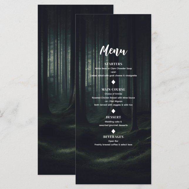 Dark Moody Forest Trees at Twilight Wedding Menu (Front/Back)
