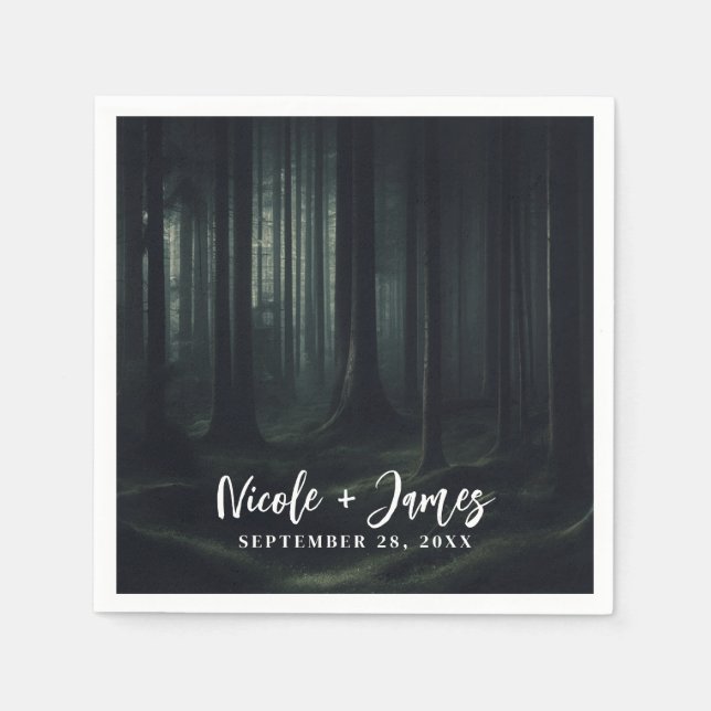 Dark Moody Forest Trees at Twilight Wedding Napkin (Front)